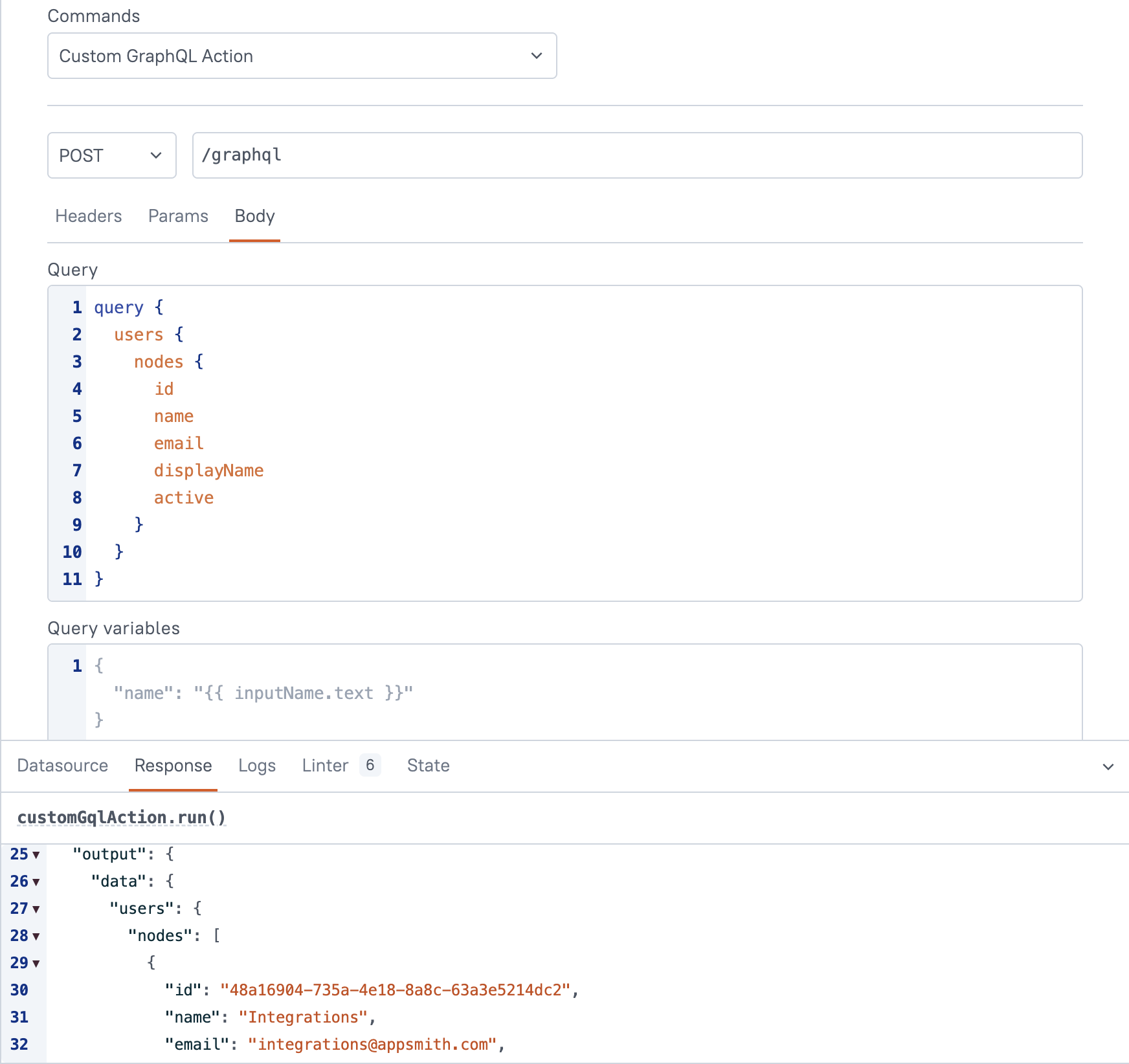 Linear custom action example showing POST and graphql settings